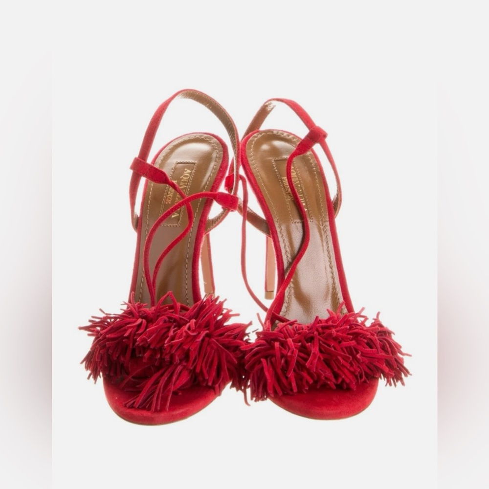 Aquazzura Red Fringe Ankle Strap Heels - Picture 2 of 6